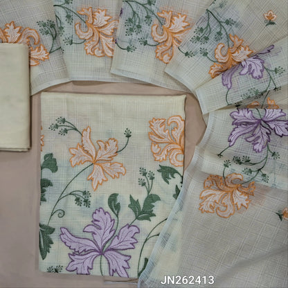Deisgner off white kota unstitched salwar material,embroidered on front,thread embroidery work on daman,(lining needed)silky or silk cotton bottom, embroidery work on kota dupatta with borders. JN262413