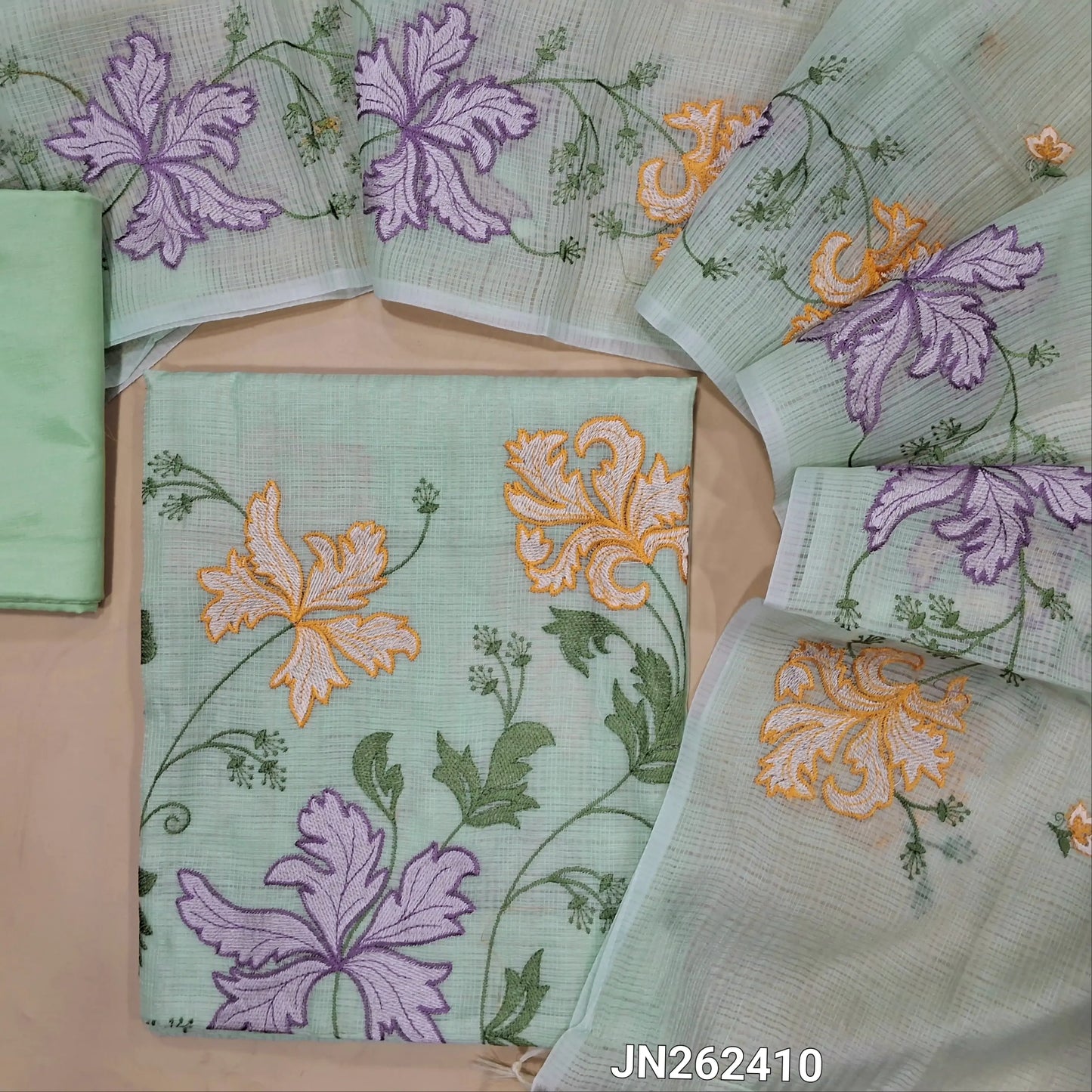 Deisgner pastel green kota unstitched salwar material,embroidered on front,thread embroidery work on daman,(lining needed)silky or silk cotton bottom, embroidery work on kota dupatta with borders. JN262410