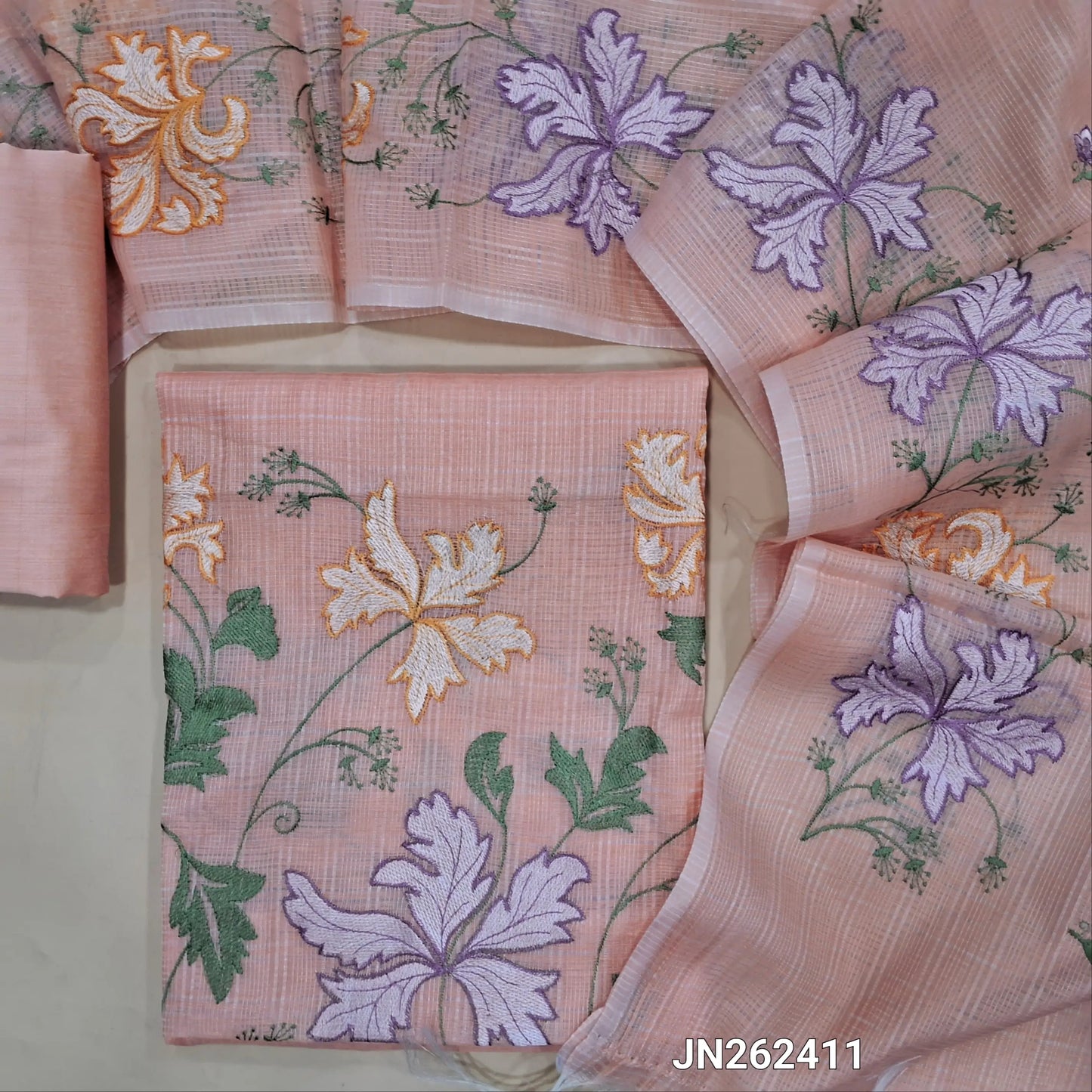 Deisgner pastel pink kota unstitched salwar material,embroidered on front,thread embroidery work on daman,(lining needed)silky or silk cotton bottom, embroidery work on kota dupatta with borders. JN262411