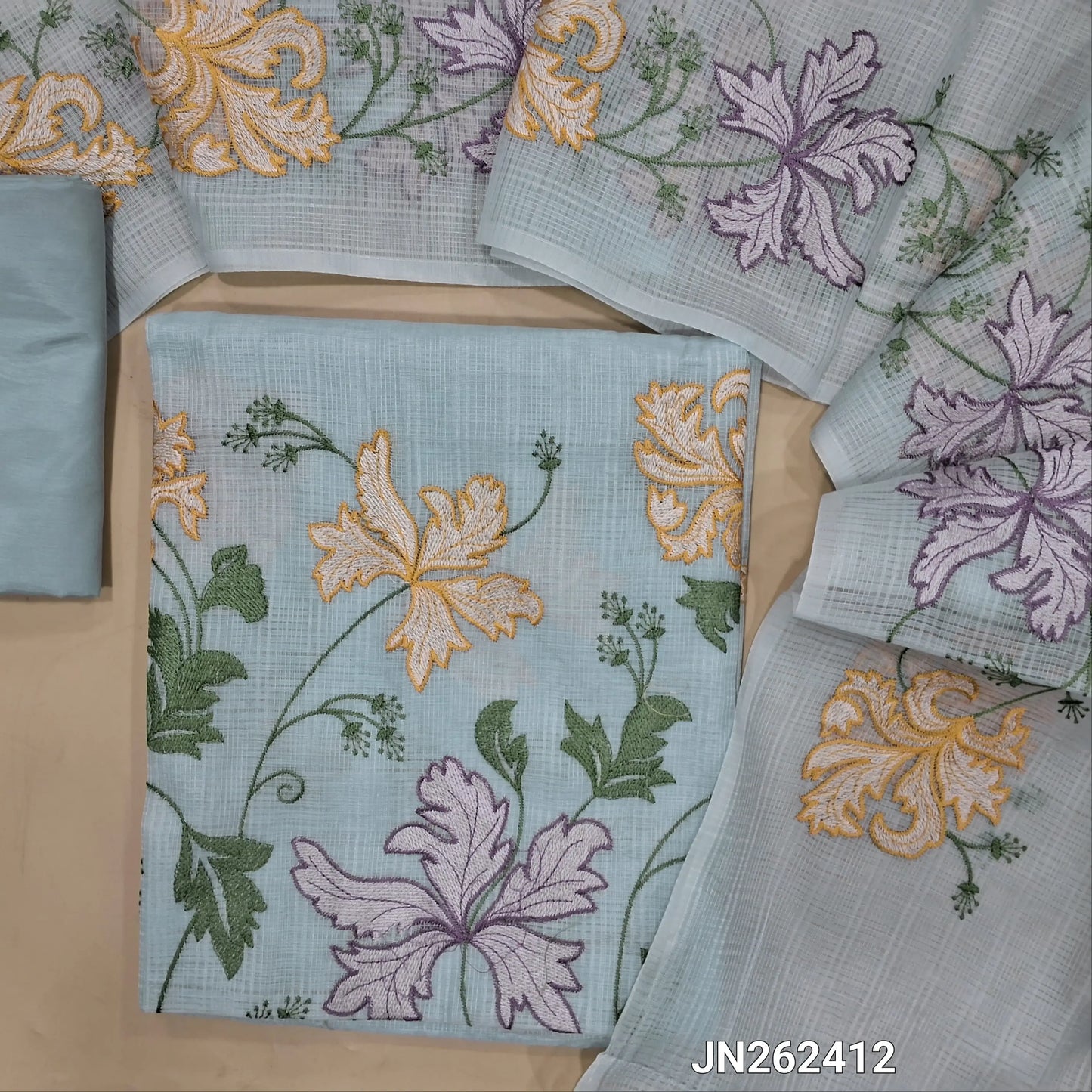 Deisgner light blueish grey kota unstitched salwar material,embroidered on front,thread embroidery work on daman,(lining needed)silky or silk cotton bottom, embroidery work on kota dupatta with borders. JN262412
