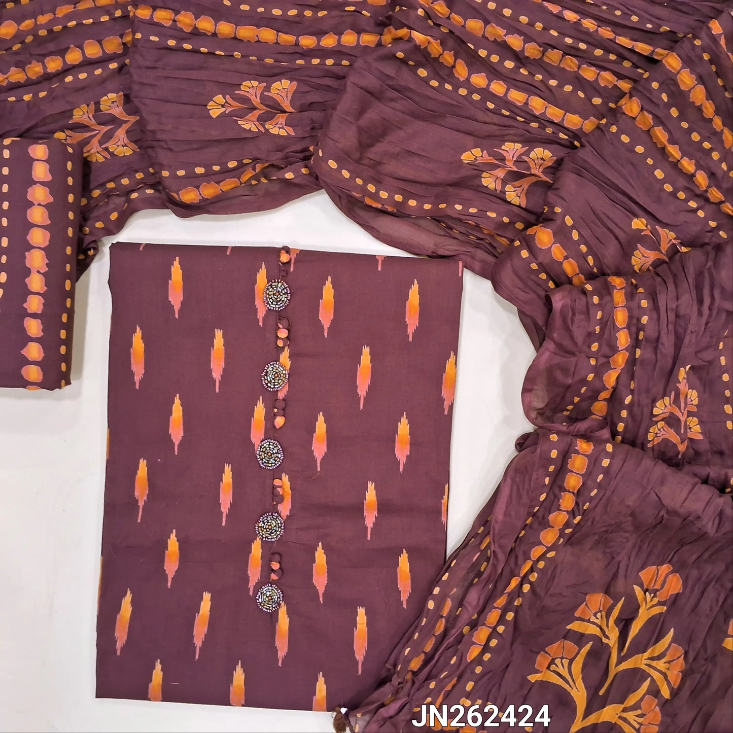Designer dark beetroot purple printed premium mul cotton unstitched salwar material, buttons cut bead & sugar bead work on yoke(soft,lining optional)block printed cotton bottom,printed pure mul cotton full length duppata with handmade tassels.JN262424