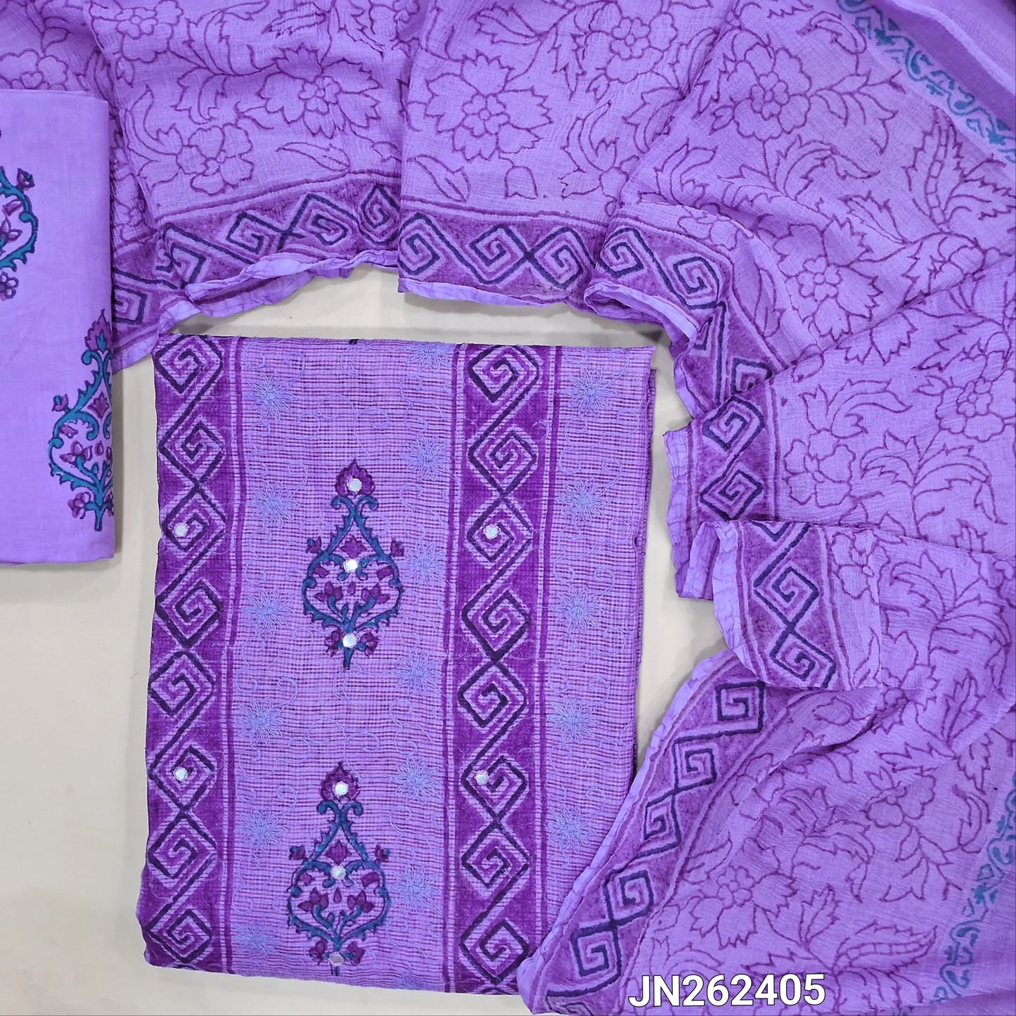Purple premium hand block printed kota unstitched salwar material,panel design,faux mirror and self embroidery work on front,( thin,Lining Needed) block printed drum dyed cotton bottom,block printed chiffon dupatta. JN262405