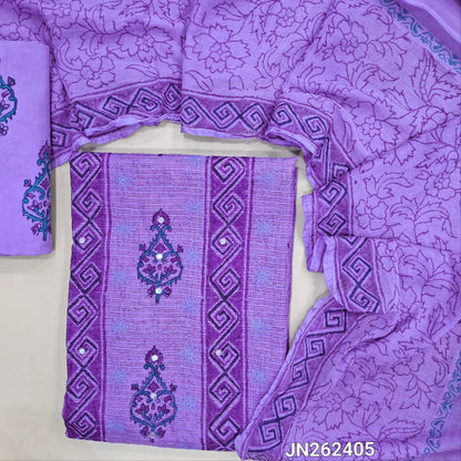 Purple premium hand block printed kota unstitched salwar material,panel design,faux mirror and self embroidery work on front,( thin,Lining Needed) block printed drum dyed cotton bottom,block printed chiffon dupatta. JN262405