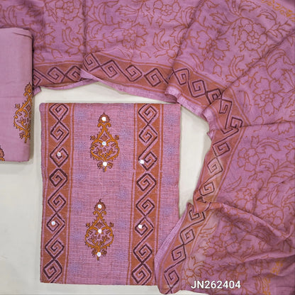 Pink premium hand block printed kota unstitched salwar material,panel design,faux mirror and self embroidery work on front,( thin,Lining Needed) block printed drum dyed cotton bottom,block printed chiffon dupatta. JN262404