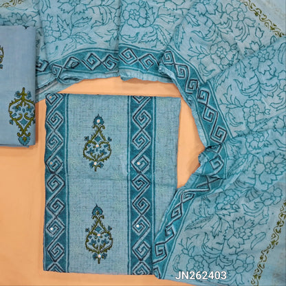 Powder blue premium hand block printed kota unstitched salwar material,panel design,faux mirror and self embroidery work on front,( thin,Lining Needed) block printed drum dyed cotton bottom,block printed chiffon dupatta. JN262403