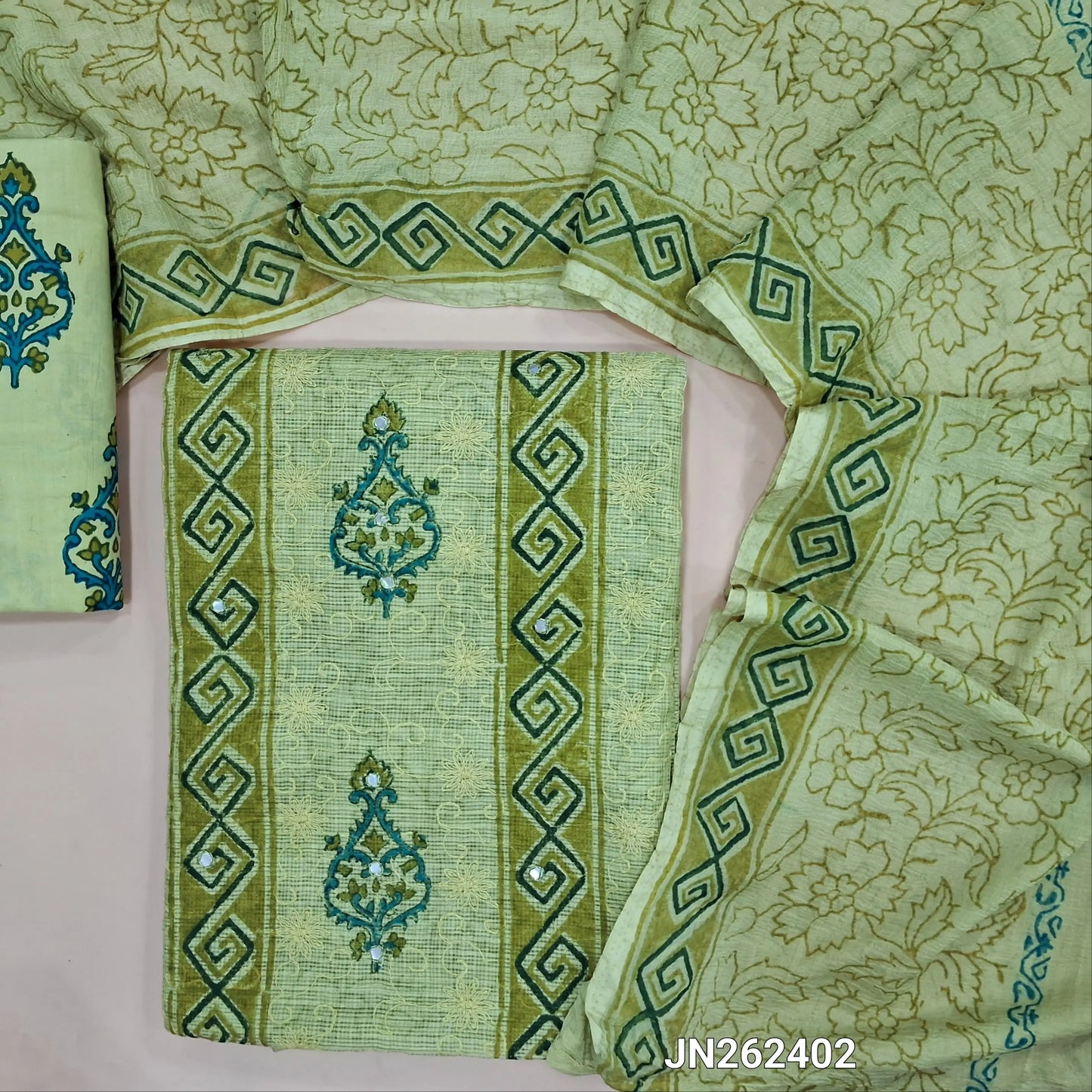 Pastel green premium hand block printed kota unstitched salwar material,panel design,faux mirror and self embroidery work on front,( thin,Lining Needed) block printed drum dyed cotton bottom,block printed chiffon dupatta. JN262402