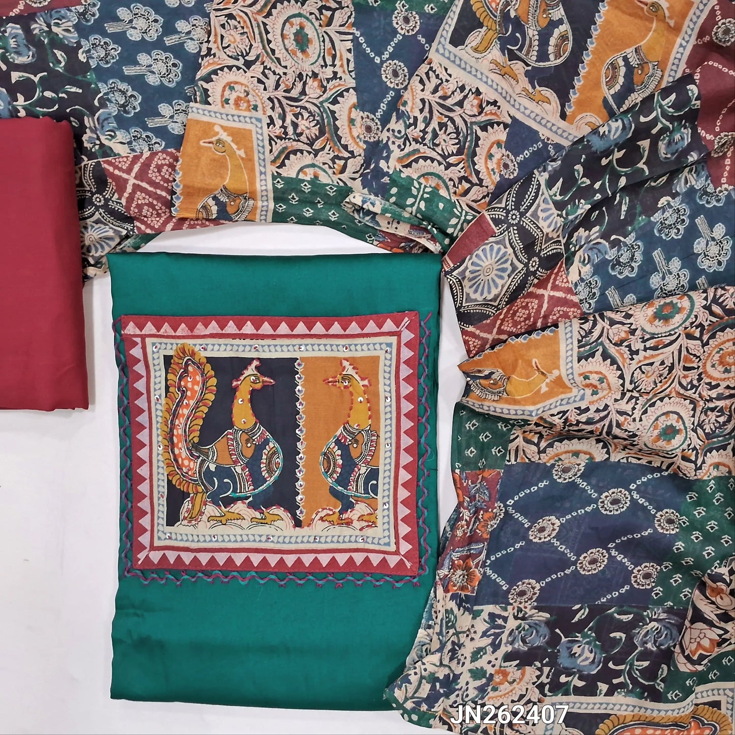 Teal blue satin cotton unstitched salwar material,kalamkari yoke patch with hand embroidery,(lining optional) maroon cotton bottom,abstract kalamkari printed mul cotton dupatta. JN262407