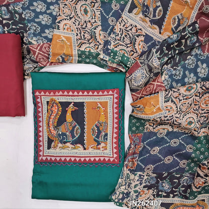 Teal blue satin cotton unstitched salwar material,kalamkari yoke patch with hand embroidery,(lining optional) maroon cotton bottom,abstract kalamkari printed mul cotton dupatta. JN262407