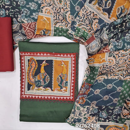 Dark green satin cotton unstitched salwar material,kalamkari yoke patch with hand embroidery,(lining optional) maroon cotton bottom,abstract kalamkari printed mul cotton dupatta. JN262408