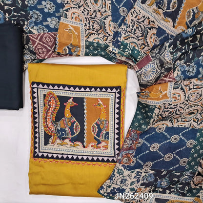 Mehandhi yellow satin cotton unstitched salwar material,kalamkari yoke patch with hand embroidery,(lining optional) black cotton bottom,abstract kalamkari printed mul cotton dupatta. JN262409