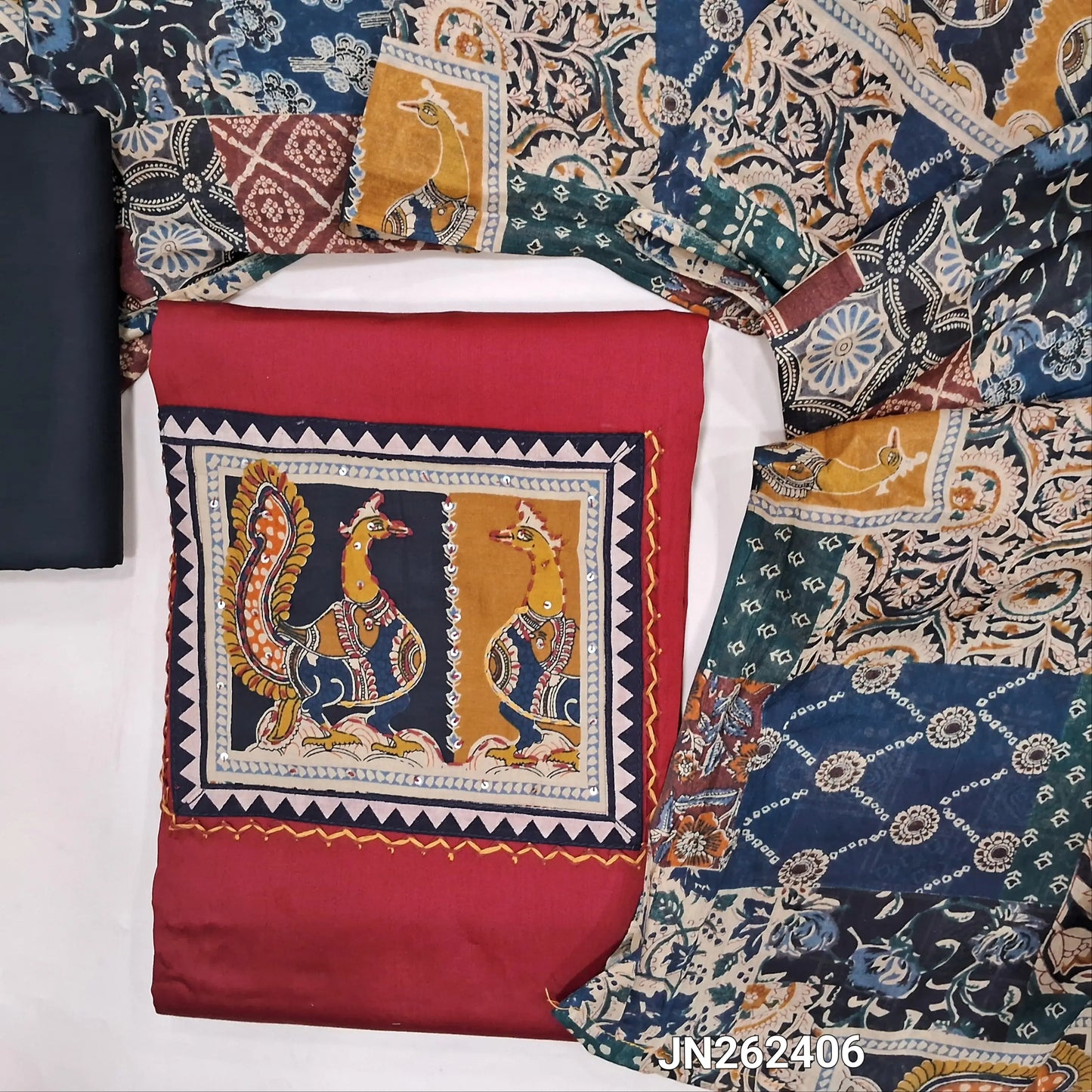 Dark maroon satin cotton unstitched salwar material,kalamkari yoke patch with hand embroidery,(lining optional) maroon cotton bottom,abstract kalamkari printed mul cotton dupatta. JN262406