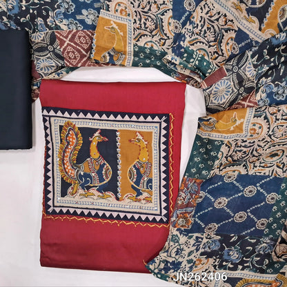 Dark maroon satin cotton unstitched salwar material,kalamkari yoke patch with hand embroidery,(lining optional) maroon cotton bottom,abstract kalamkari printed mul cotton dupatta. JN262406