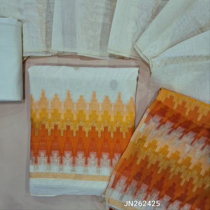 Half white jamdhani woven silk cotton unstitched salwar material, thread &zari woven on front(soft, lining needed)matching silk cotton bottom, jamdhani woven silk cotton dupatta. JN262425