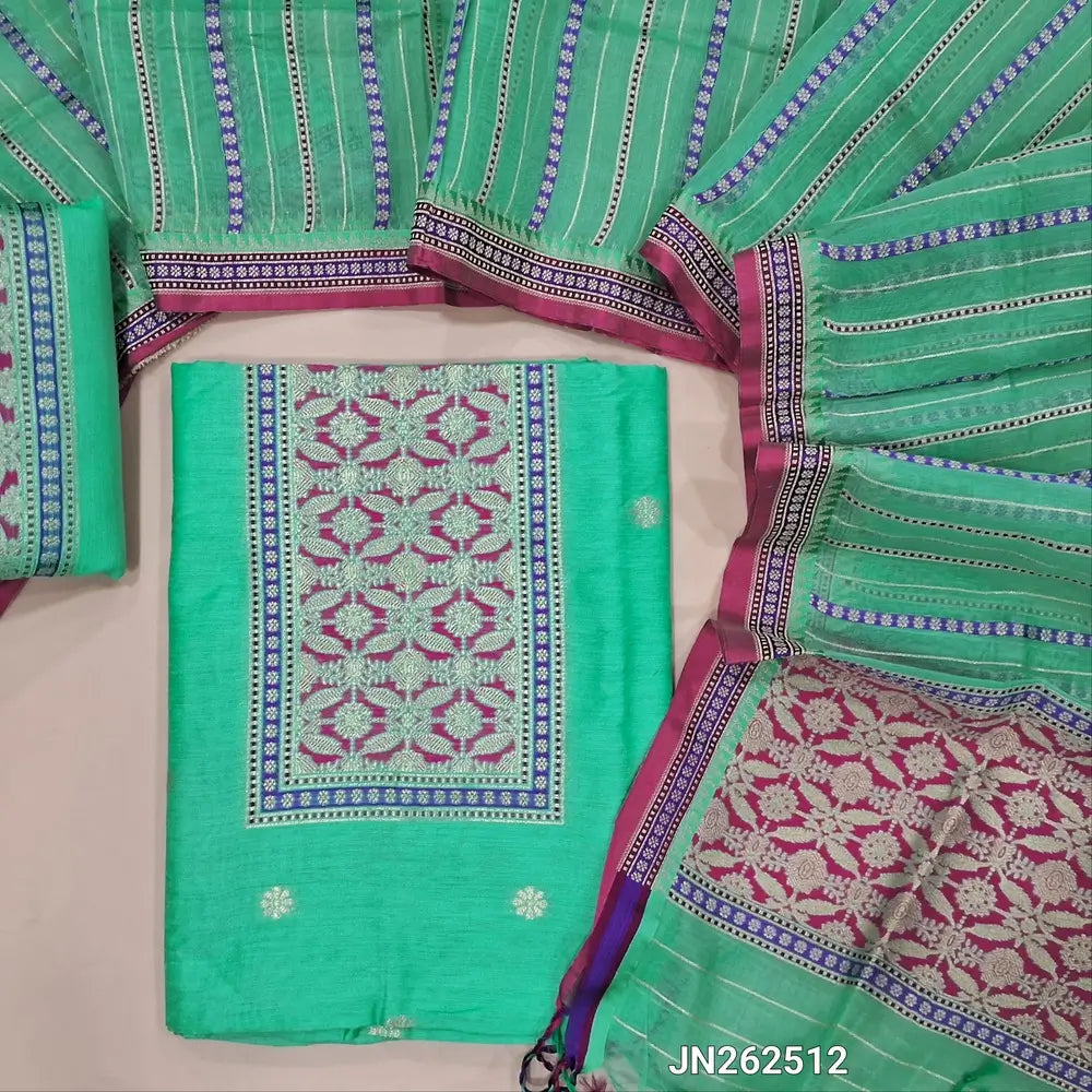 Light turquiose green premium jamdani woven silk cotton unstitched salwar material (soft,lining needed)benarasi weaving work on yoke,floral buttas on front,silk cotton bottom,zari & thread woven  premium organza dupatta with rich pallu. JN262512