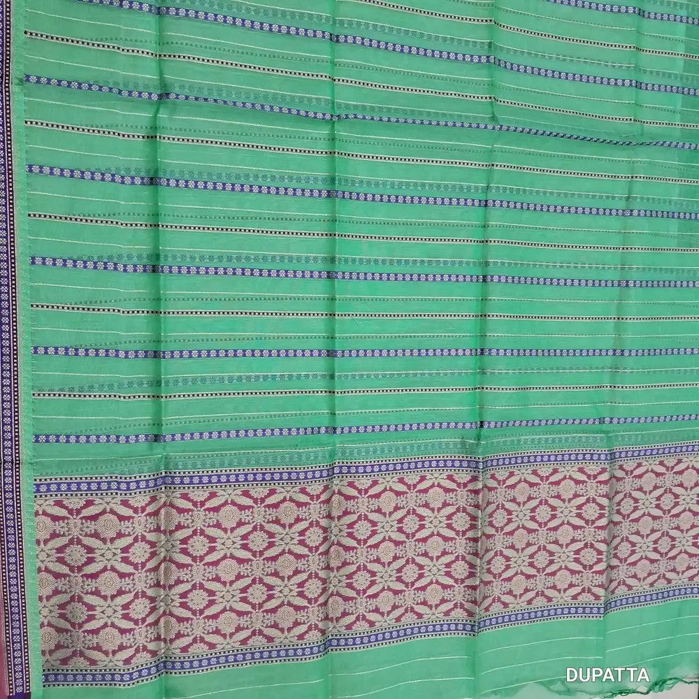 Light turquiose green premium jamdani woven silk cotton unstitched salwar material (soft,lining needed)benarasi weaving work on yoke,floral buttas on front,silk cotton bottom,zari & thread woven  premium organza dupatta with rich pallu. JN262512