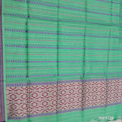 Light turquiose green premium jamdani woven silk cotton unstitched salwar material (soft,lining needed)benarasi weaving work on yoke,floral buttas on front,silk cotton bottom,zari & thread woven  premium organza dupatta with rich pallu. JN262512