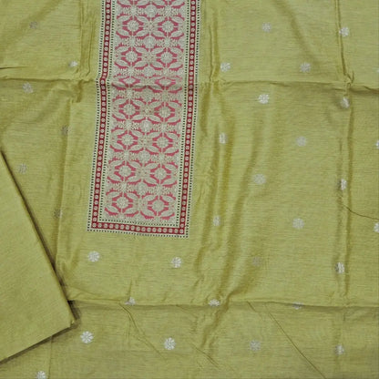 Green premium jamdani woven silk cotton unstitched salwar material (soft,lining needed)benarasi weaving work on yoke,floral buttas on front,silk cotton bottom,zari & thread woven premium organza dupatta with rich pallu. JN262509