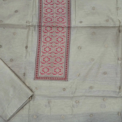 Off white premium jamdani woven silk cotton unstitched salwar material (soft,lining needed)benarasi weaving work on yoke,floral buttas on front,silk cotton bottom,zari & thread woven  premium organza dupatta with rich pallu. JN262511