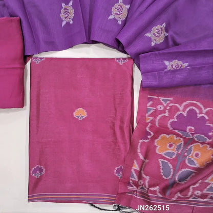 Designer rani pink premium silk unstitched salwar material (light weight,lining needed)jamdhani weaving on front, matching santoon bottom, floral buttas &weaving on silk dupatta with tassles.JN262515