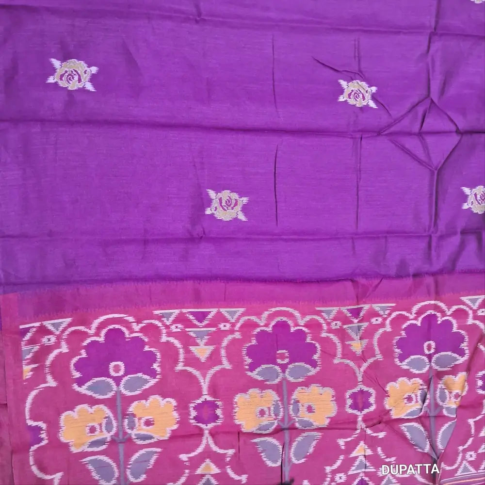 Designer rani pink premium silk unstitched salwar material (light weight,lining needed)jamdhani weaving on front, matching santoon bottom, floral buttas &weaving on silk dupatta with tassles.JN262515
