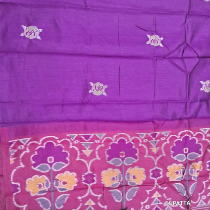 Designer rani pink premium silk unstitched salwar material (light weight,lining needed)jamdhani weaving on front, matching santoon bottom, floral buttas &weaving on silk dupatta with tassles.JN262515