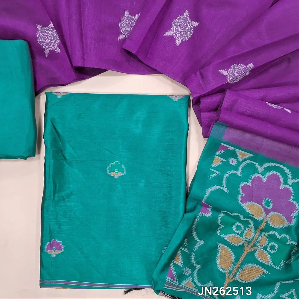 Designer dark teal blue premium silk unstitched salwar material (light weight,lining needed)jamdhani weaving on front, matching santoon bottom, floral buttas &weaving on silk dupatta with tassles.JN262513