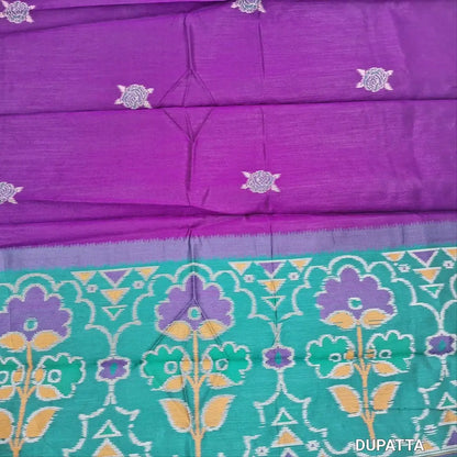 Designer dark teal blue premium silk unstitched salwar material (light weight,lining needed)jamdhani weaving on front, matching santoon bottom, floral buttas &weaving on silk dupatta with tassles.JN262513