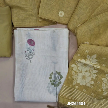 Designer off white mul chanderi unstitched salwar material,mughal printed all over(mehandhi yellow)( soft,lining needed)matching spun cotton bottom,floral buttas & jamdhani woven silk cotton dupatta with tassels.JN262504