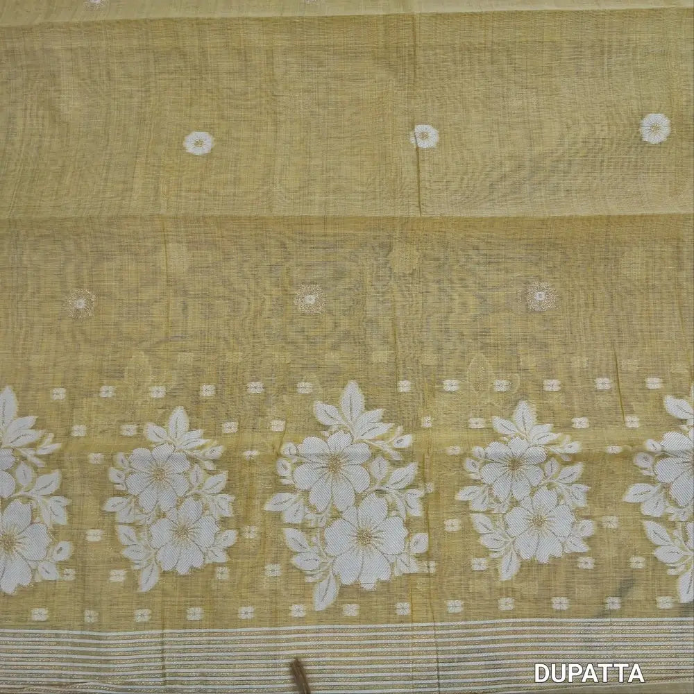 Designer off white mul chanderi unstitched salwar material,mughal printed all over(mehandhi yellow)( soft,lining needed)matching spun cotton bottom,floral buttas & jamdhani woven silk cotton dupatta with tassels.JN262504