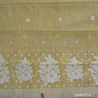 Designer off white mul chanderi unstitched salwar material,mughal printed all over(mehandhi yellow)( soft,lining needed)matching spun cotton bottom,floral buttas & jamdhani woven silk cotton dupatta with tassels.JN262504