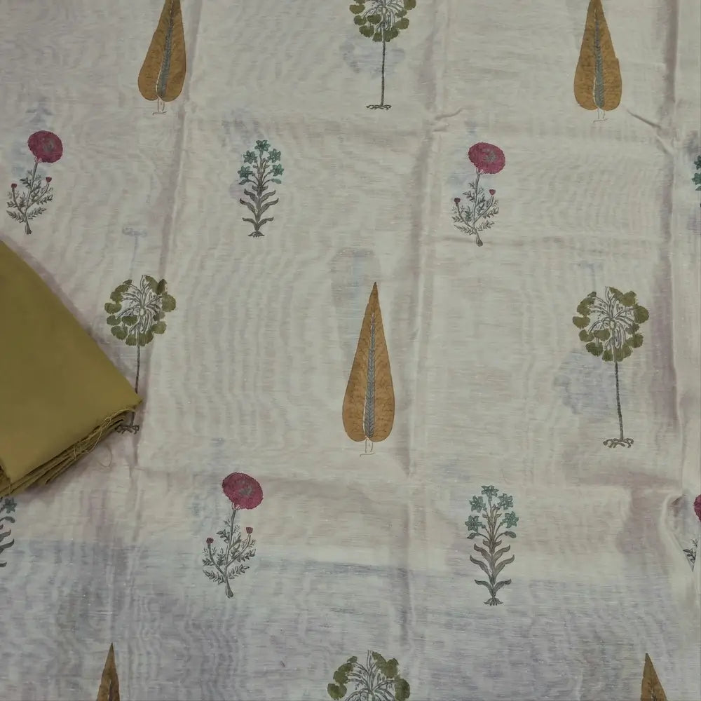 Designer off white mul chanderi unstitched salwar material,mughal printed all over(mehandhi yellow)( soft,lining needed)matching spun cotton bottom,floral buttas & jamdhani woven silk cotton dupatta with tassels.JN262504