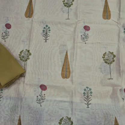 Designer off white mul chanderi unstitched salwar material,mughal printed all over(mehandhi yellow)( soft,lining needed)matching spun cotton bottom,floral buttas & jamdhani woven silk cotton dupatta with tassels.JN262504