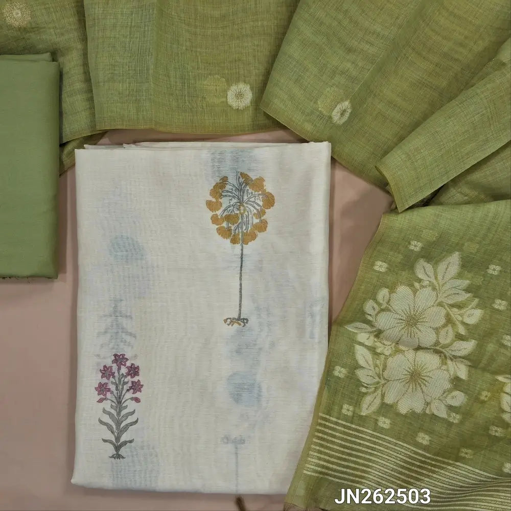 Designer off white mul chanderi unstitched salwar material,mughal printed all over(light green)( soft,lining needed)matching spun cotton bottom,floral buttas & jamdhani woven silk cotton dupatta with tassels.JN262503