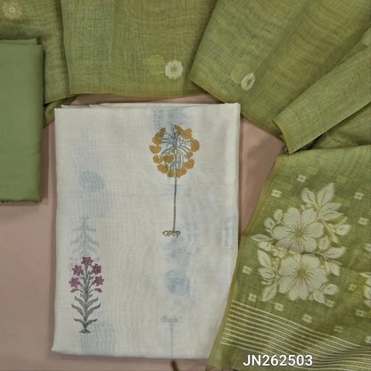 Designer off white mul chanderi unstitched salwar material,mughal printed all over(light green)( soft,lining needed)matching spun cotton bottom,floral buttas & jamdhani woven silk cotton dupatta with tassels.JN262503