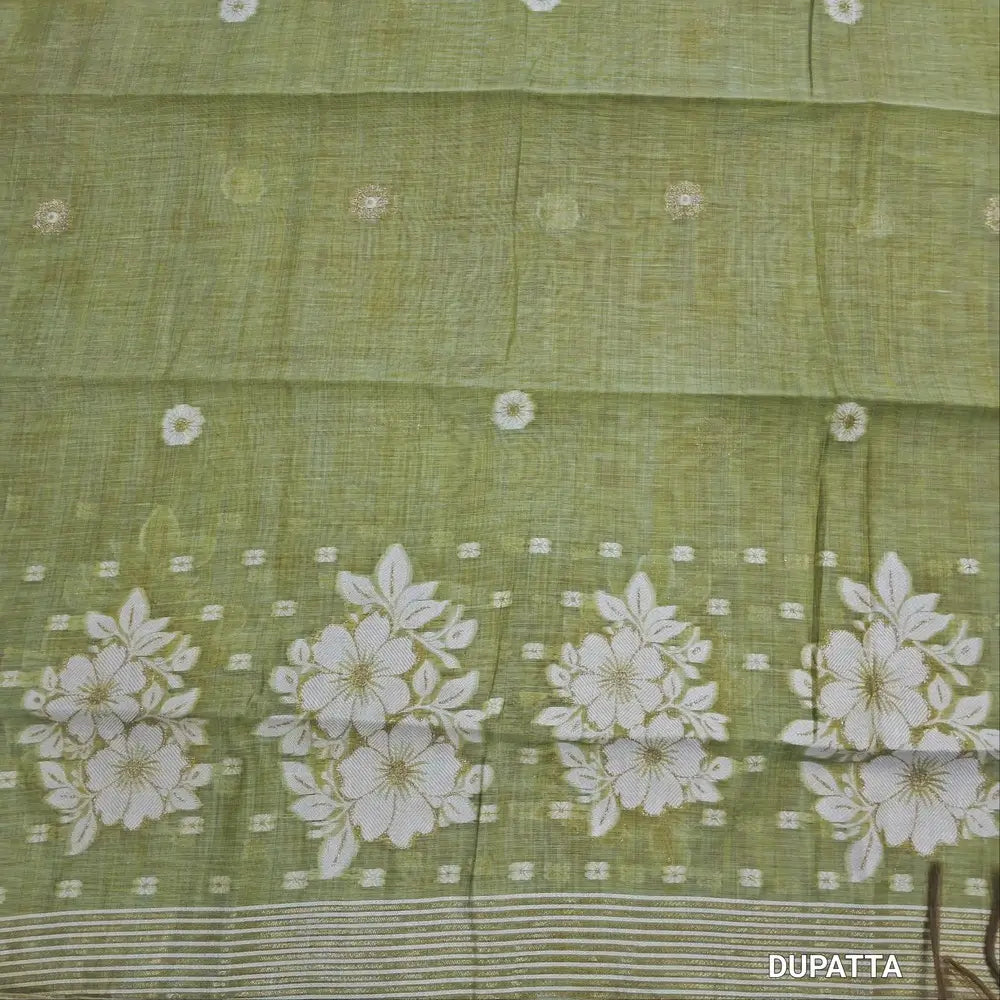 Designer off white mul chanderi unstitched salwar material,mughal printed all over(light green)( soft,lining needed)matching spun cotton bottom,floral buttas & jamdhani woven silk cotton dupatta with tassels.JN262503