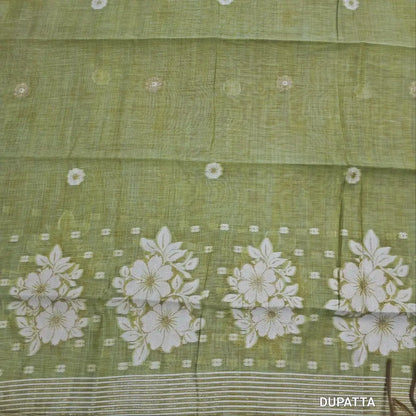 Designer off white mul chanderi unstitched salwar material,mughal printed all over(light green)( soft,lining needed)matching spun cotton bottom,floral buttas & jamdhani woven silk cotton dupatta with tassels.JN262503