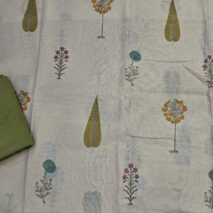 Designer off white mul chanderi unstitched salwar material,mughal printed all over(light green)( soft,lining needed)matching spun cotton bottom,floral buttas & jamdhani woven silk cotton dupatta with tassels.JN262503