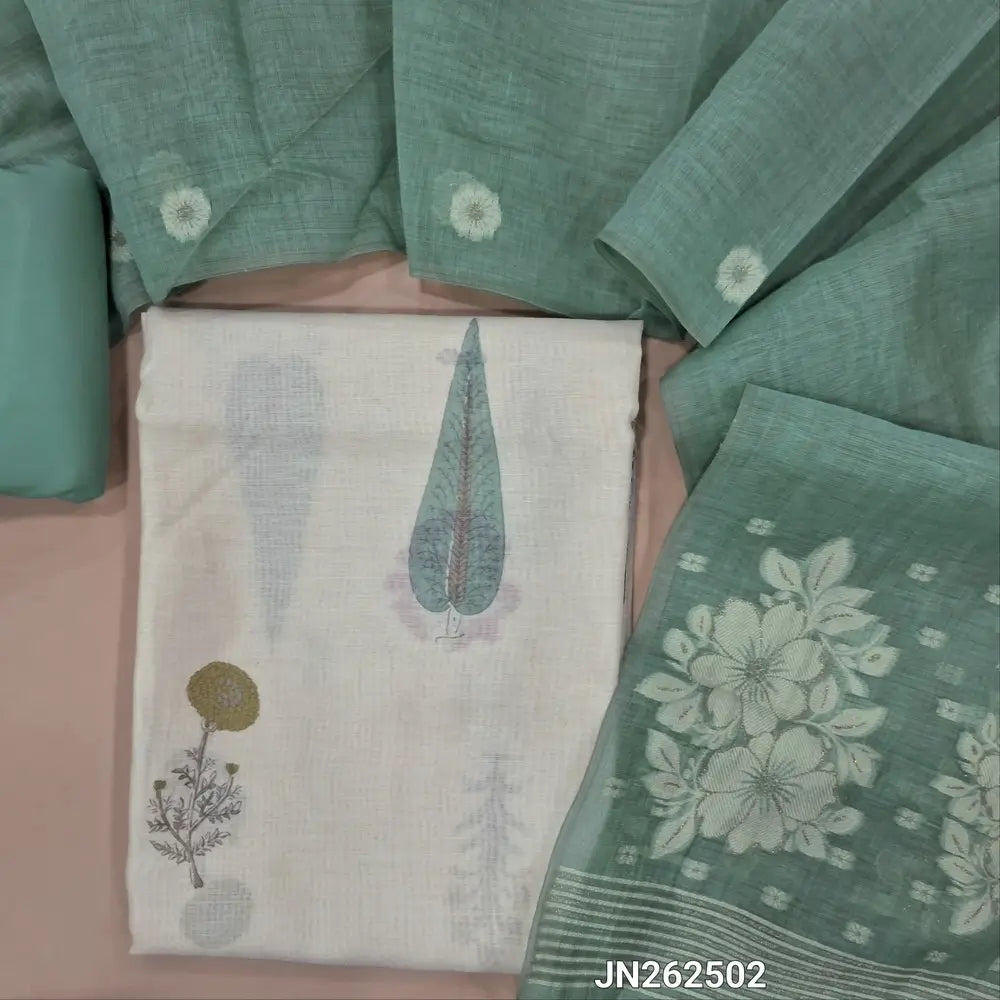 Designer off white mul chanderi unstitched salwar material,mughal printed all over(pastel blue)( soft,lining needed)matching spun cotton bottom,floral buttas & jamdhani woven silk cotton dupatta with tassels.JN262502