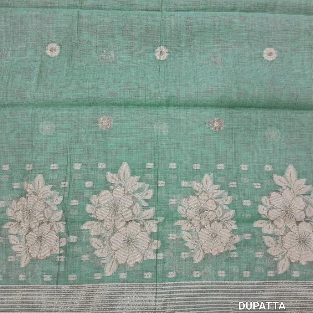 Designer off white mul chanderi unstitched salwar material,mughal printed all over(pastel blue)( soft,lining needed)matching spun cotton bottom,floral buttas & jamdhani woven silk cotton dupatta with tassels.JN262502