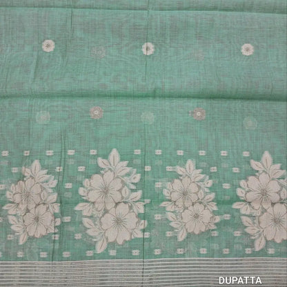 Designer off white mul chanderi unstitched salwar material,mughal printed all over(pastel blue)( soft,lining needed)matching spun cotton bottom,floral buttas & jamdhani woven silk cotton dupatta with tassels.JN262502