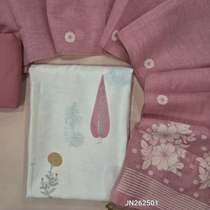 Designer off white mul chanderi unstitched salwar material,mughal printed all over(pastel pink)( soft,lining needed)matching spun cotton bottom,floral buttas & jamdhani woven silk cotton dupatta with tassels.JN262501