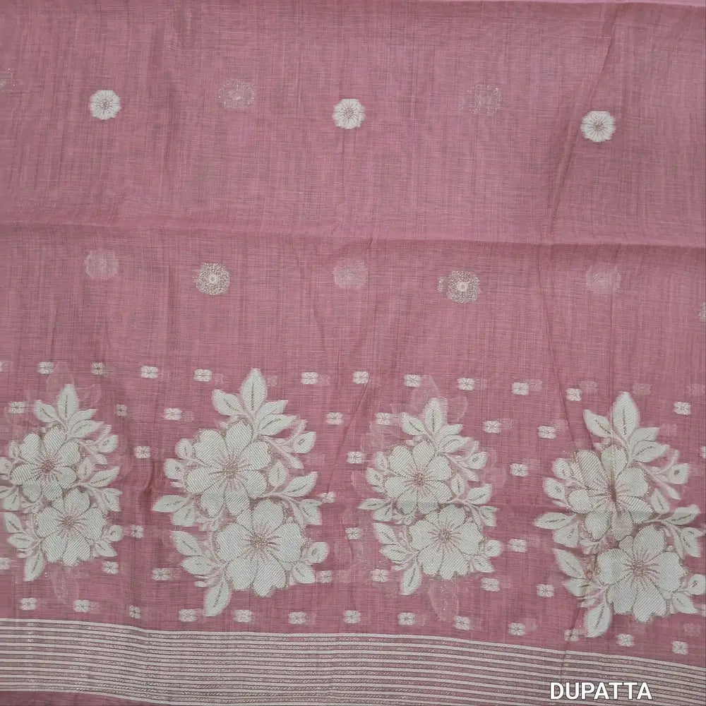Designer off white mul chanderi unstitched salwar material,mughal printed all over(pastel pink)( soft,lining needed)matching spun cotton bottom,floral buttas & jamdhani woven silk cotton dupatta with tassels.JN262501