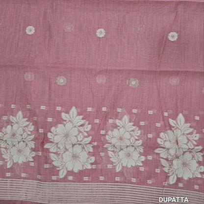 Designer off white mul chanderi unstitched salwar material,mughal printed all over(pastel pink)( soft,lining needed)matching spun cotton bottom,floral buttas & jamdhani woven silk cotton dupatta with tassels.JN262501