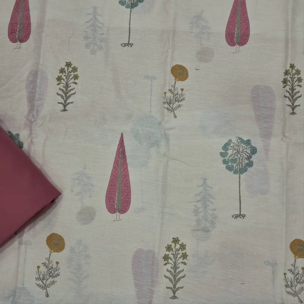 Designer off white mul chanderi unstitched salwar material,mughal printed all over(pastel pink)( soft,lining needed)matching spun cotton bottom,floral buttas & jamdhani woven silk cotton dupatta with tassels.JN262501