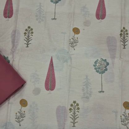 Designer off white mul chanderi unstitched salwar material,mughal printed all over(pastel pink)( soft,lining needed)matching spun cotton bottom,floral buttas & jamdhani woven silk cotton dupatta with tassels.JN262501