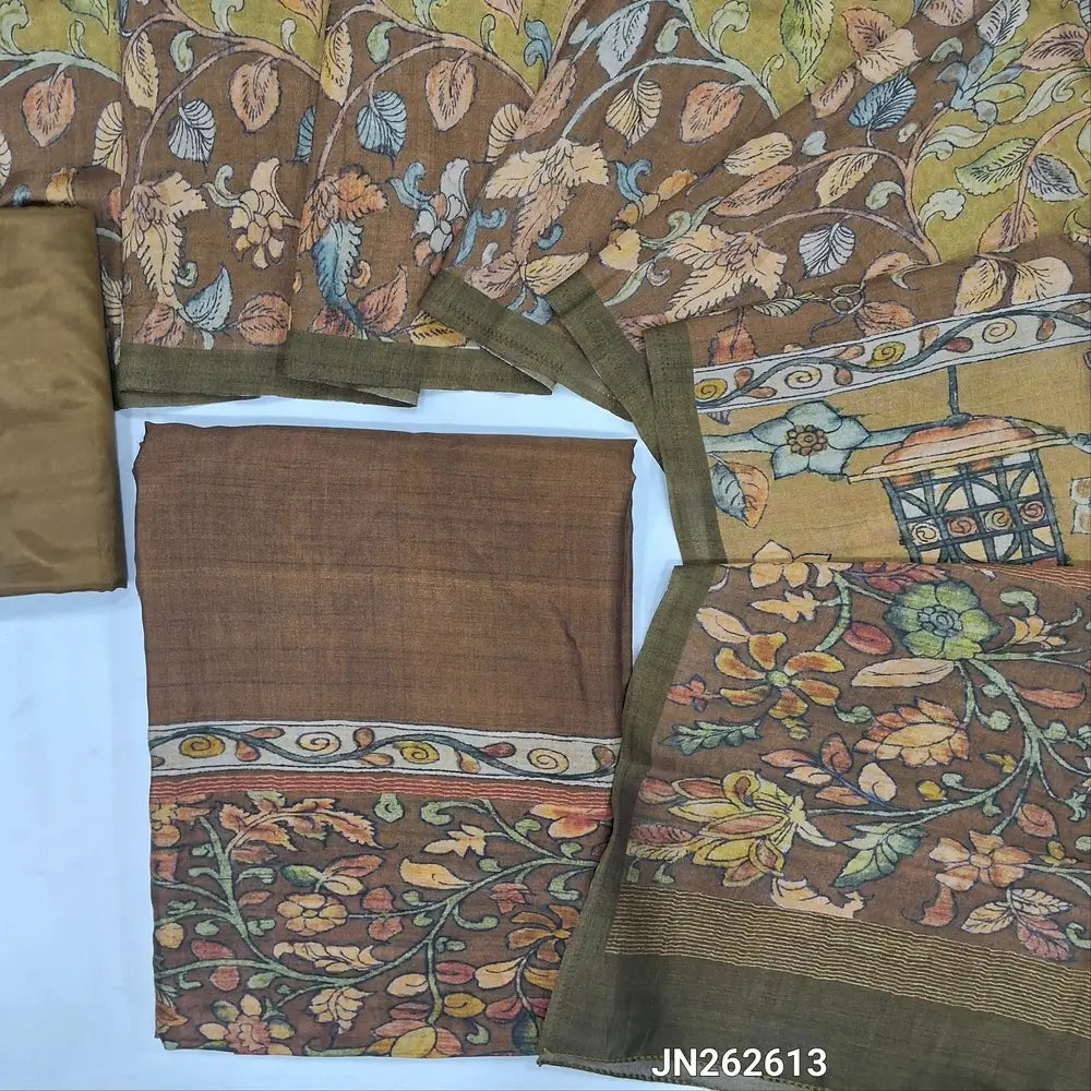 Brown tint digital printed viscous Silk cotton unstitched salwar material, kalamkari printed on daman(shiny,Lining Needed)matching silky Bottom,digital printed viscous silk dupatta.JN262613
