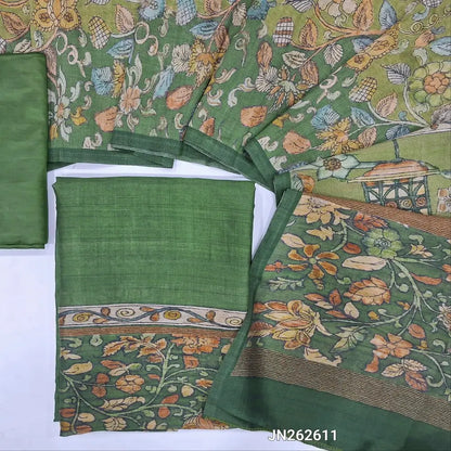 Light green digital printed viscous Silk cotton unstitched salwar material, kalamkari printed on daman(shiny,Lining Needed)matching silky Bottom,digital printed viscous silk dupatta.JN262611