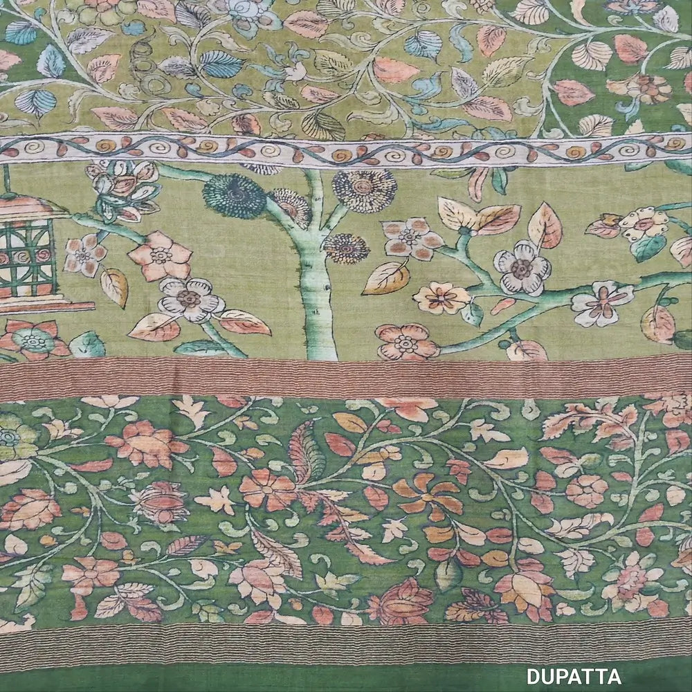 Light green digital printed viscous Silk cotton unstitched salwar material, kalamkari printed on daman(shiny,Lining Needed)matching silky Bottom,digital printed viscous silk dupatta.JN262611