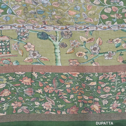 Light green digital printed viscous Silk cotton unstitched salwar material, kalamkari printed on daman(shiny,Lining Needed)matching silky Bottom,digital printed viscous silk dupatta.JN262611
