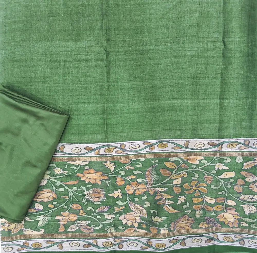 Light green digital printed viscous Silk cotton unstitched salwar material, kalamkari printed on daman(shiny,Lining Needed)matching silky Bottom,digital printed viscous silk dupatta.JN262611